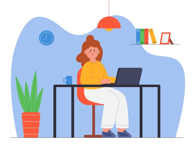 Cheerful freelancer working at table flat vector illustration. Woman sitting at desk and looking at laptop screen, working remotely from apartment. Job, home office concept