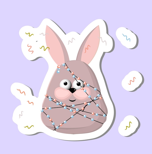 Cheerful funny Christmas rabbit the rabbit is entangled in the garland winter sticker