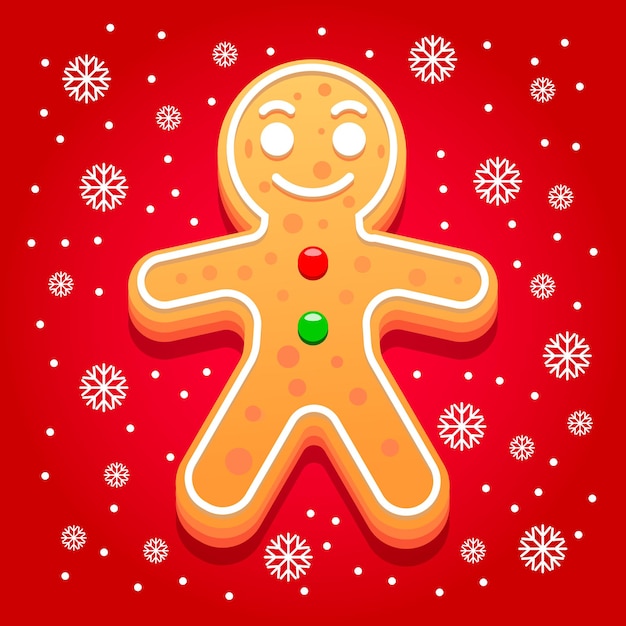 Cheerful gingerbread man on a red background with snowflakes. Illustration, postcard, vector