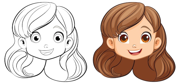 Cheerful Girl Cartoon Smiling Head and Doodle Outline