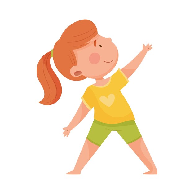 Vector cheerful girl character standing in yoga pose or stance breathing deeply vector illustration