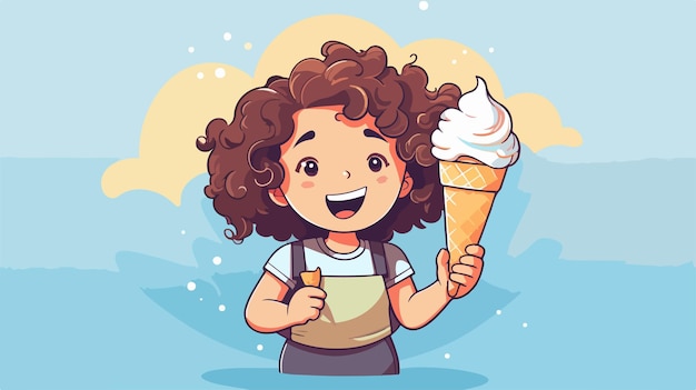 Vector cheerful girl enjoying ice cream line art vector illustration