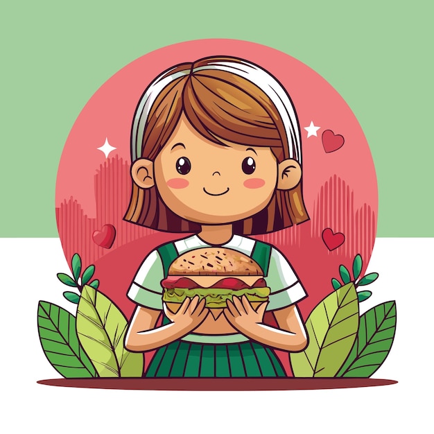 Vector a cheerful girl holding a burger with a vibrant background