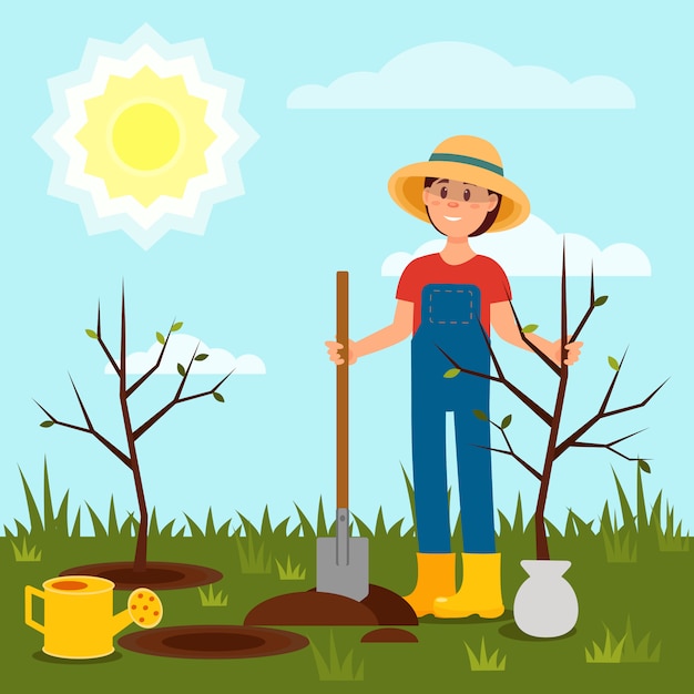 Cheerful girl planting tree. Young woman working in garden. Blue sky and bright sun. Natural landscape. Flat design