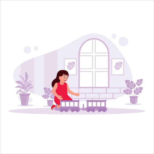 Cheerful girl playing toy train in the house Trend Modern vector flat illustration