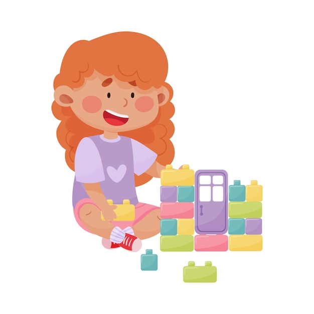 Cheerful girl sitting and playing with construction toy vector illustration