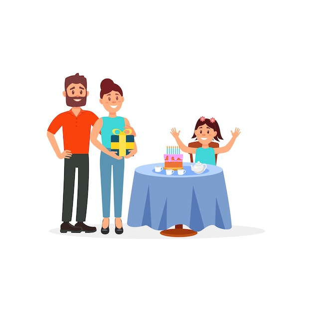 Cheerful girl sitting behind table with her birthday cake Parents standing near with gift Flat vector illustration