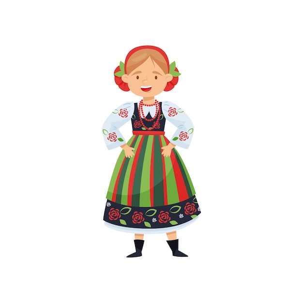 Cheerful girl in traditional polish folk dress national costume cartoon female character flat vector