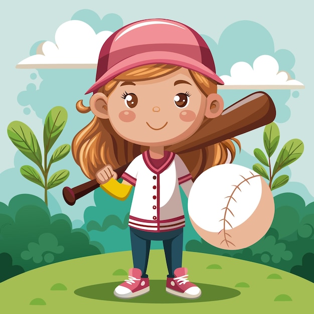 Vector a cheerful girl with a baseball bat and ball in a green landscape