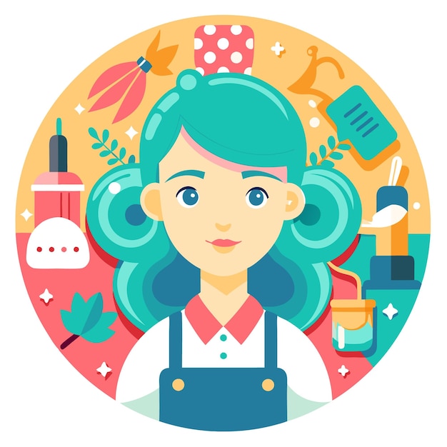 Vector cheerful girl with blue hair and red bow tie surrounded by beauty products and flowers