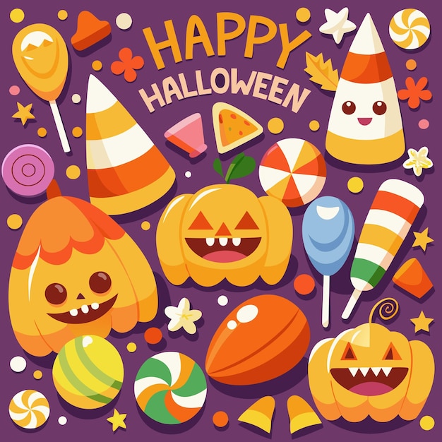 Cheerful Halloween Candies and Candy Corn Vector Background