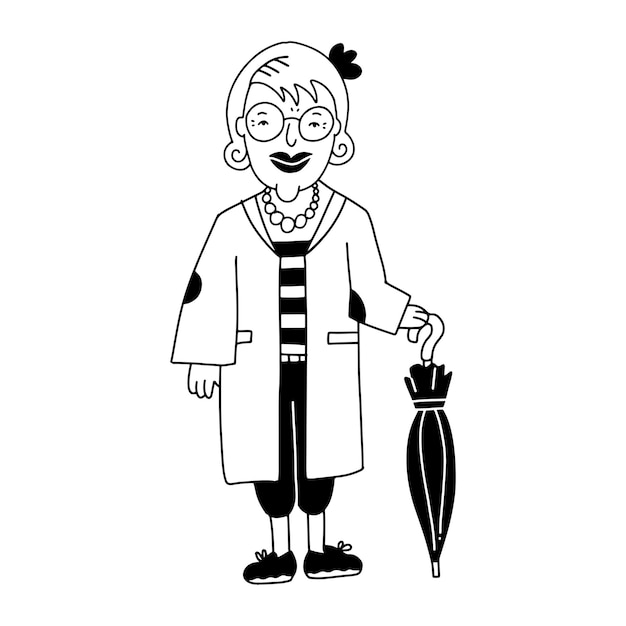 Cheerful happy fashionable stylish old women wearing overcoat female doodle character body positive ...