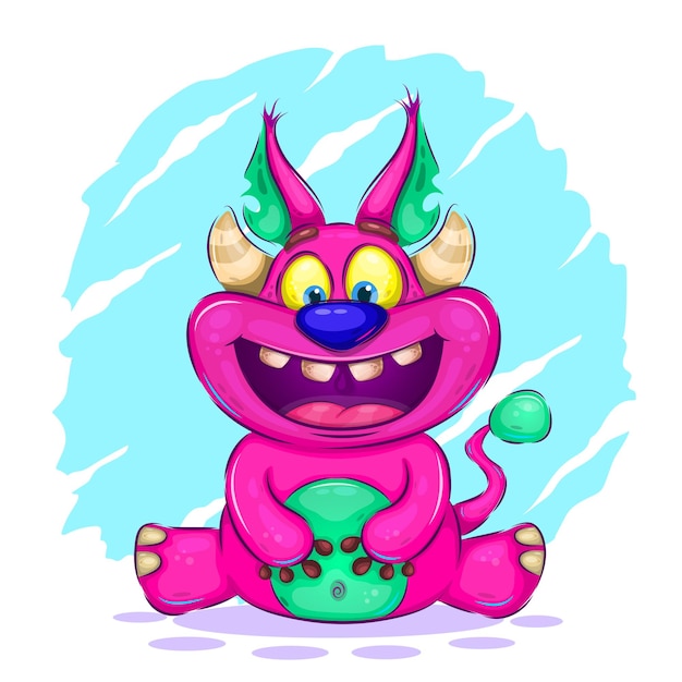 Cheerful horned monster A bright illustration of a sitting cheerful monster