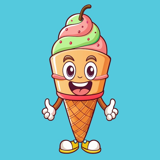 Vector cheerful ice cream cone with a cartoonish expression and delicious toppings