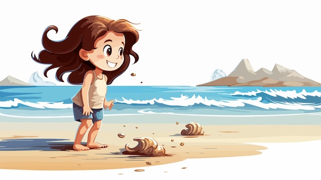 Cheerful Kid Girl Playing on Tropical Beach Vector Illustration