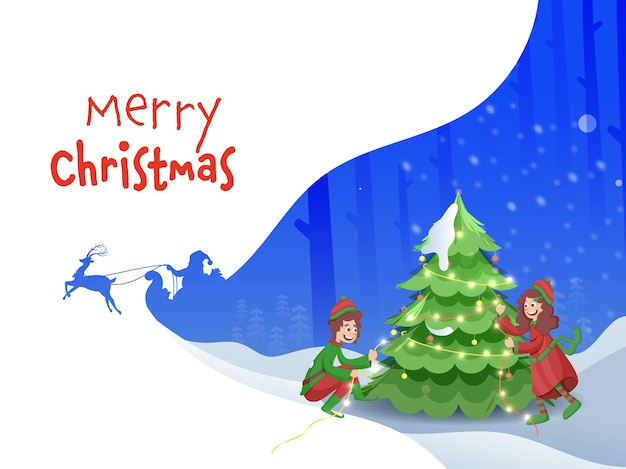 Cheerful Kids Decorated Xmas Tree From Lighting Garland On Blue And White Background For Merry Christmas Celebration.