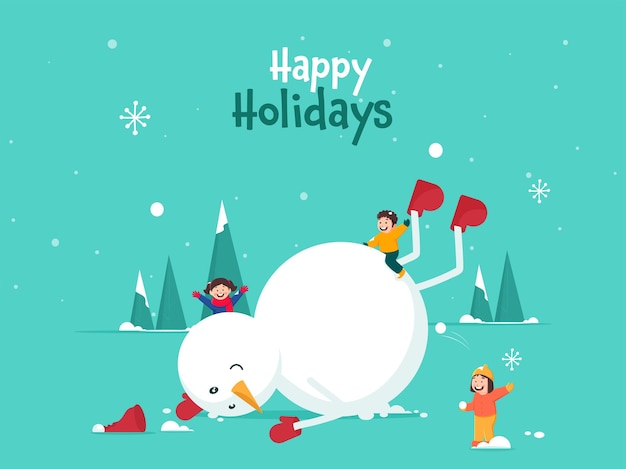 Vector cheerful kids enjoying with snowman and xmas tree on turquoise background for happy holidays concept.