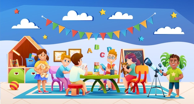 Cheerful kids playing together in kindergarten classroom vector illustration