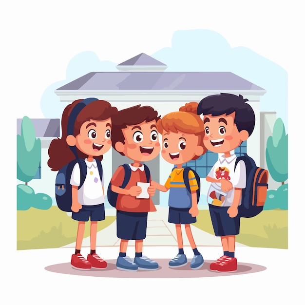 Vector cheerful kids with backpacks gathering outside school