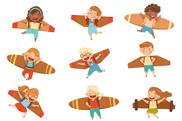 Vector cheerful kids with improvised fake wings flying and playing vector set