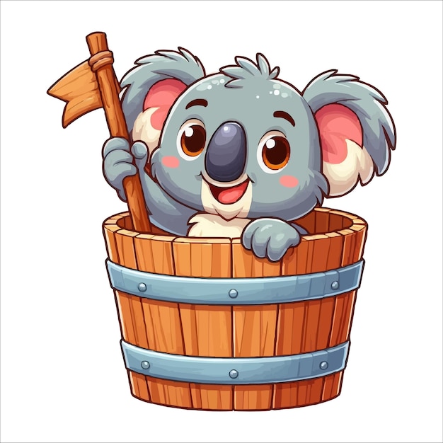 Cheerful koala in a wooden bucket cartoon vector illustration