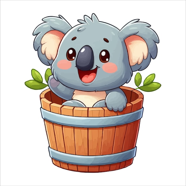 Cheerful koala in a wooden bucket cartoon vector illustration