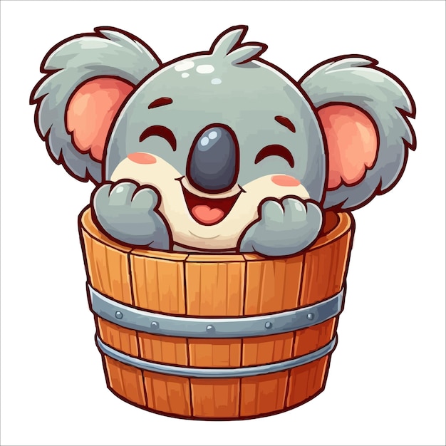 Cheerful koala in a wooden bucket cartoon vector illustration