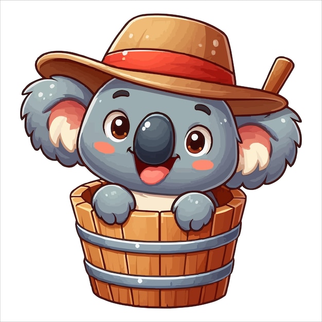 Cheerful koala in a wooden bucket cartoon vector illustration