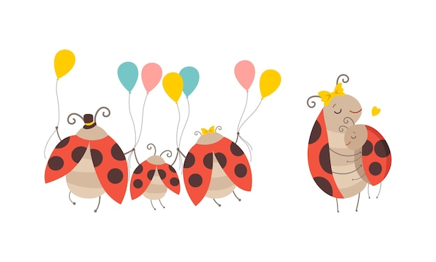 Cheerful Ladybug Family with Inflatable Balloons Set Adorable Mom Dad and their Kids Cartoon Vector Illustration