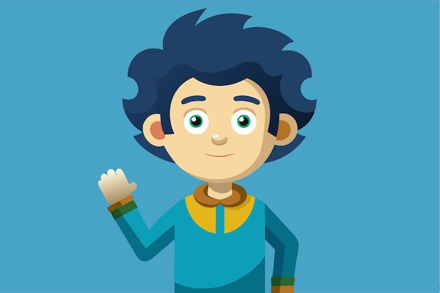 A cheerful lefthanded child with curly hair is waving set against a bright blue background Left hander Customizable Cartoon Illustration