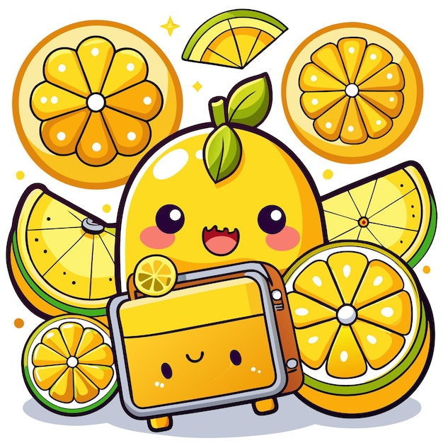 Vector a cheerful lemon character surrounded by various lemon slices