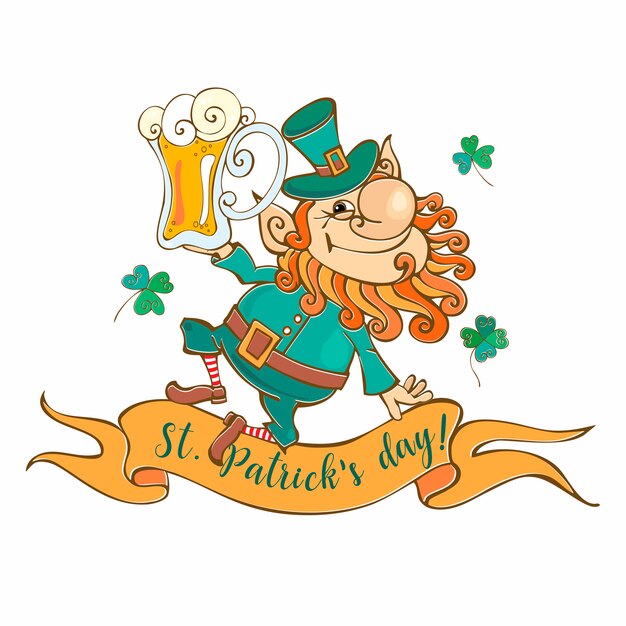 Cheerful leprechaun with beer for St. Patrick's day. 