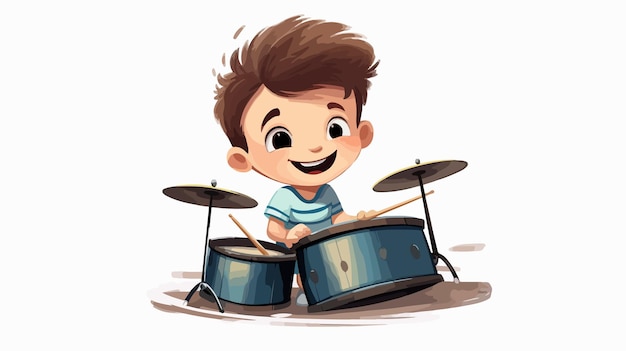 Cheerful Little Boy Enjoying Drumming Fun Cartoon Vector Illustration