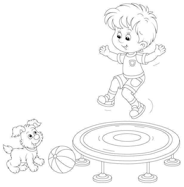 Cheerful little boy jumping on a toy trampoline on a playground a small cute pup looking at him