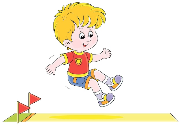 Cheerful little boy in a long jump with a running start in a competition on a sports ground