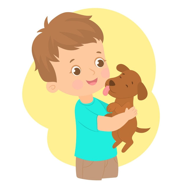 Cheerful little boy with a new dog in his hands happy smiling boy holding a small dog