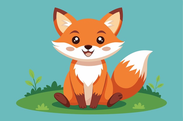 A cheerful little cartoon fox sits on green grass smiling brightly under a clear blue sky embodying joy and playfulness