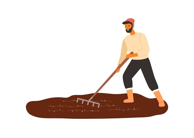 Cheerful male farmer work with field use rake vector flat illustration. Smiling agricultural worker cultivated seedbed from weed isolated on white. Happy rural guy making agriculture seasonal work.