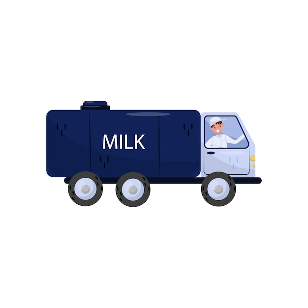 Cheerful man driving truck with milk tank Vehicle with big blue cistern Isolated flat vector design