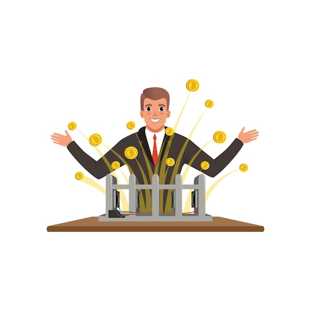 Cheerful man extracting bitcoins from mining farm. Digital money. Wealth or financial well-being concept. Cartoon character of successful businessman in black suit. Isolated flat vector illustration.