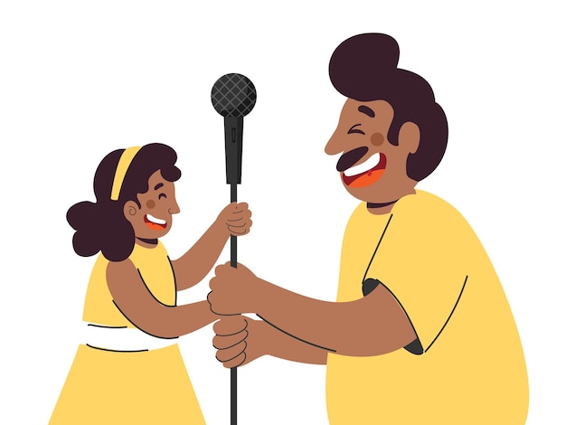 Cheerful Man Holding Mic Stick With His Daughter Against White Background