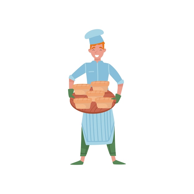 Cheerful man holding wooden tray with hot freshlybaked bread Yong guy in uniform and chef hat Worker of bakershop Cartoon character of baker Vector illustration in flat style isolated on white