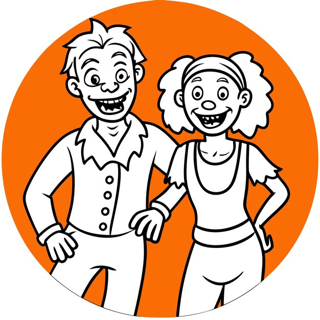 Vector cheerful multicultural couple in zombie costumes joking and posing