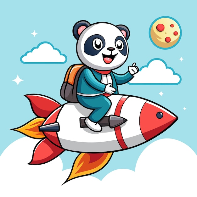 A cheerful panda character riding a rocket in a blue sky