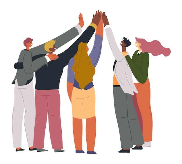 Cheerful people, colleagues employers or students giving high five and celebrating. Cooperation and support, achievement of common goals, and bonding. Connection of team and teamwork. Vector in flat