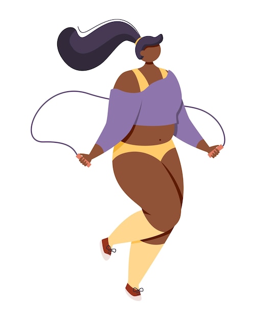 A cheerful plus size african american woman jumping rope