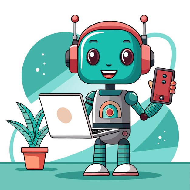 Vector a cheerful robot using a laptop and holding a smartphone