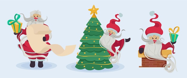 Cheerful Santa Claus in different poses isolated illustration