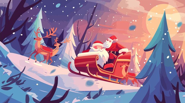 Vector cheerful santa claus enjoying ride in reindeerdrawn sleigh