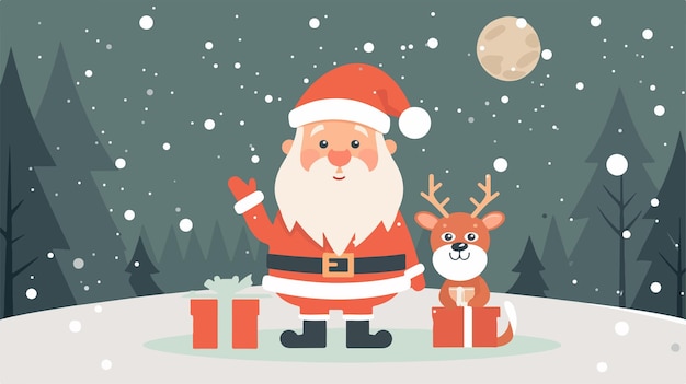 Cheerful Santa Claus and Friends Flat Vector Illustration